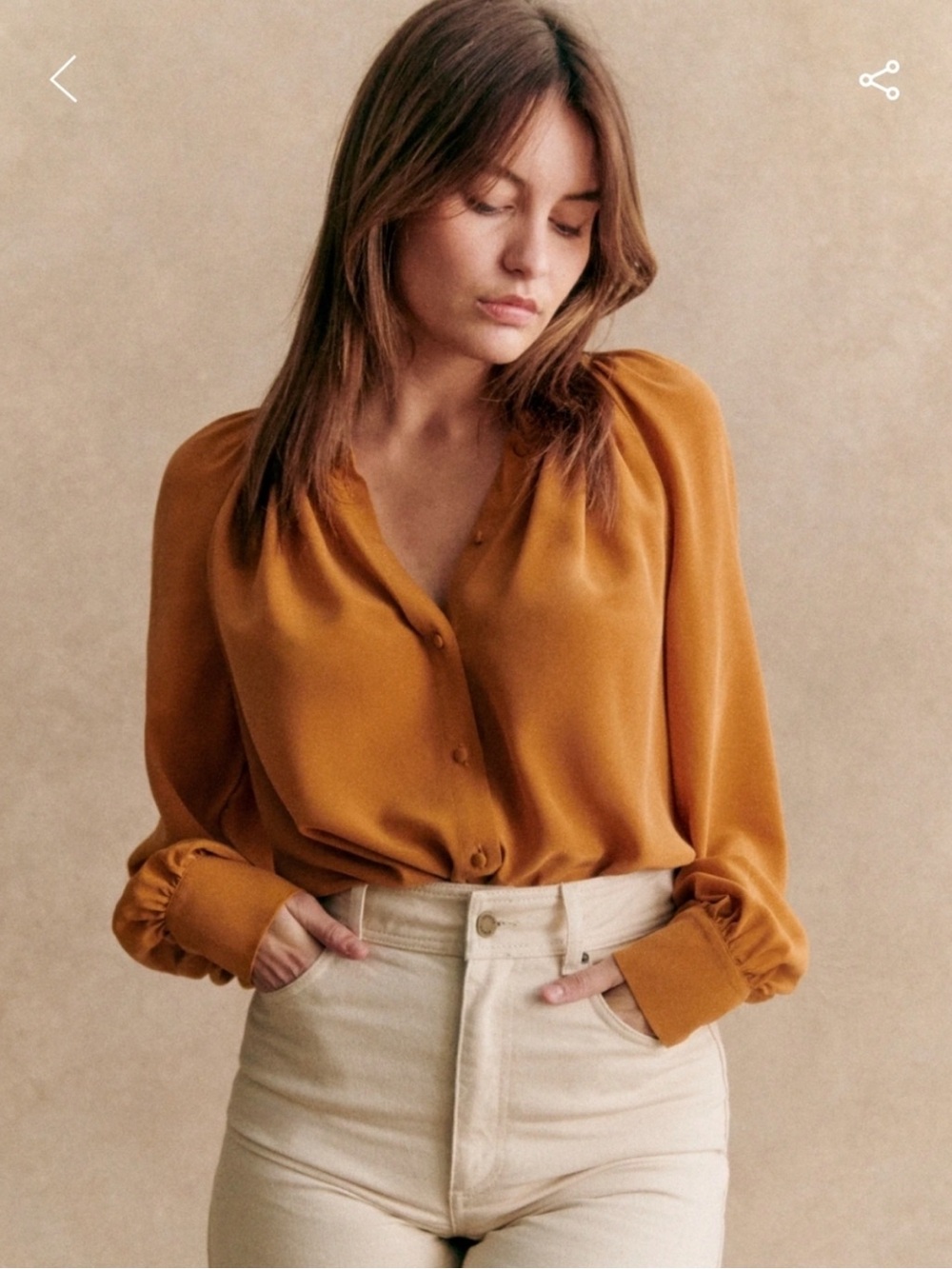 Sezane Lealys 100% Silk Saffron Button-Front Shirt. Size 34 / 2